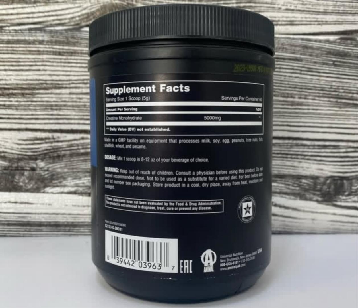 UN ANIMAL 100% PURE CREATINE MONOHYDRATE POWDER UNFLAVOURED DIETARY SUPPLEMENT NET.WEIGHT.10.58Oz(300GRAMS)