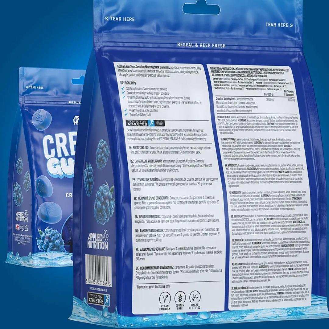 APPLIED NUTRITION CREATINE GUMMIES 3000MG CREATINE MONOHYDRATE PER SERVING 80 GUMMIES 20 SERVINGS FOOD SUPPLEMENT WITH CREATINE & SWEETENER NET.WEIGHT.400GRAMS