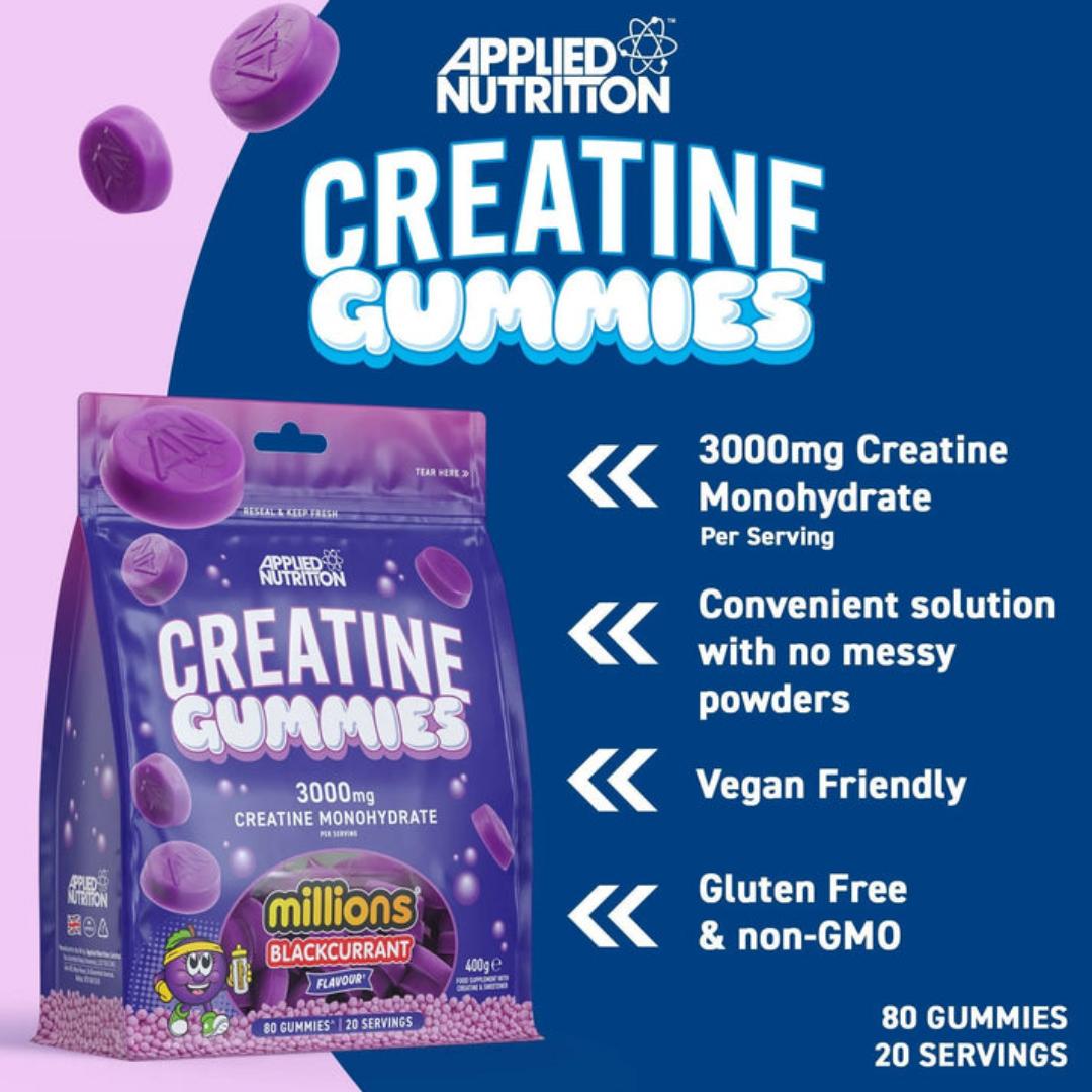 APPLIED NUTRITION CREATINE GUMMIES 3000MG CREATINE MONOHYDRATE PER SERVING 80 GUMMIES 20 SERVINGS FOOD SUPPLEMENT WITH CREATINE & SWEETENER NET.WEIGHT.400GRAMS