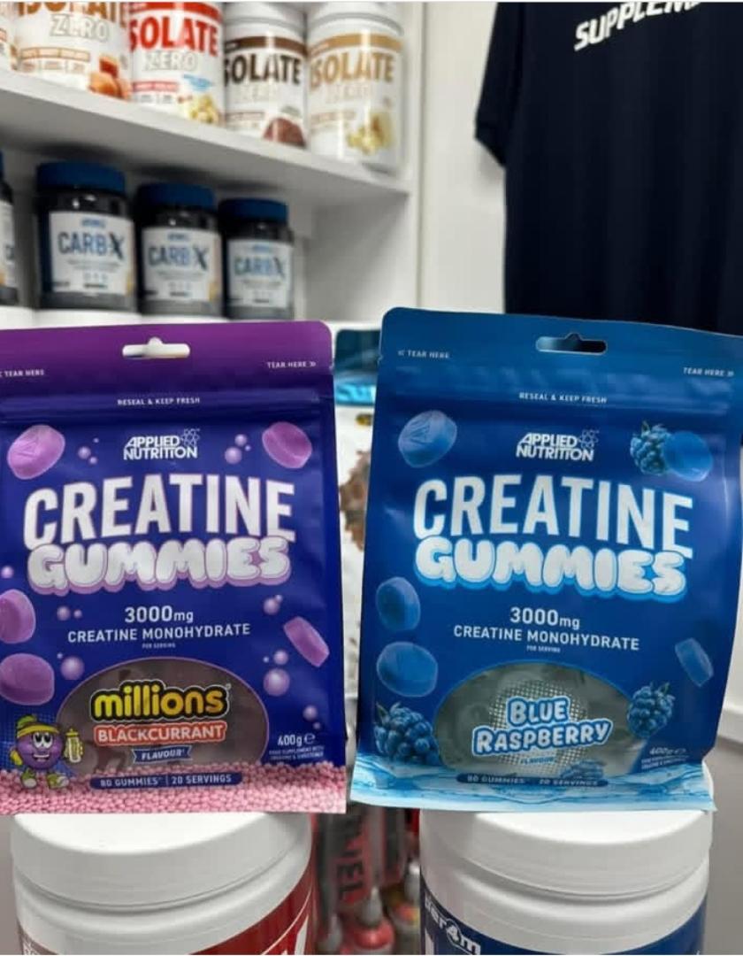 APPLIED NUTRITION CREATINE GUMMIES 3000MG CREATINE MONOHYDRATE PER SERVING 80 GUMMIES 20 SERVINGS FOOD SUPPLEMENT WITH CREATINE & SWEETENER NET.WEIGHT.400GRAMS