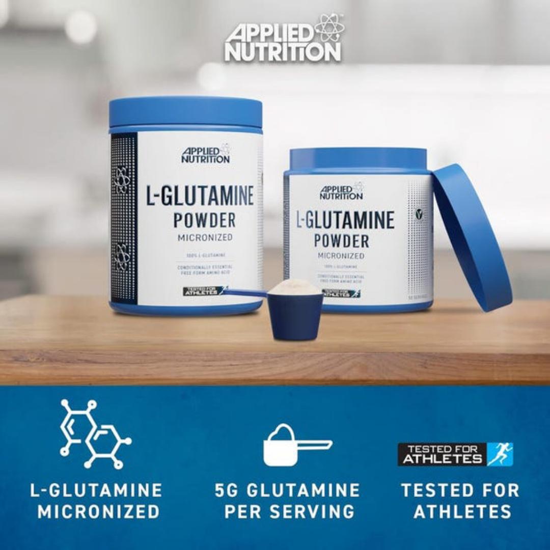 APPLIED NUTRITION L-GLUTAMINE POWDER MICRONIZED NEXT GENERATION TESTED FOR ATHELETES 50 SERVINGS NET.WEIGHT 250 GRAMS