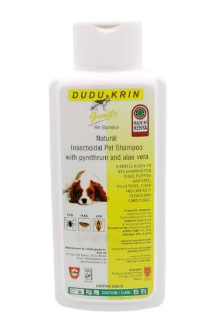 KAPI LIMITED FLOWER DUDU-KRIN GENTLE NATURAL INSECTICIDAL PET SHAMPOO WITH PYRETHRUM AND ALOE VERA GENTLE SHAMPOO FOR CATS & DOGS.KILLS TICKS,FLEAS AND LICE AS IT CLEANS AND CONDITIONS MADE IN KENYA