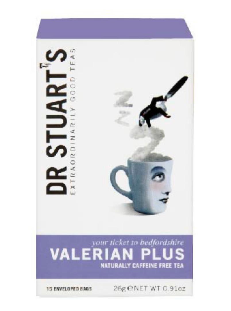 DR.STUARTS VALERIAN HERBAL TEA EXTRAORDINARILY GOOD TEAS YOUR TICKET TO BEDFORDSHIRE VALERIAN PLUS NATURALLY CAFFEINE FREE TEA 15 ENVELOPED BAGS NET.WEIGHT.0.91OZ(26 GRAMS)