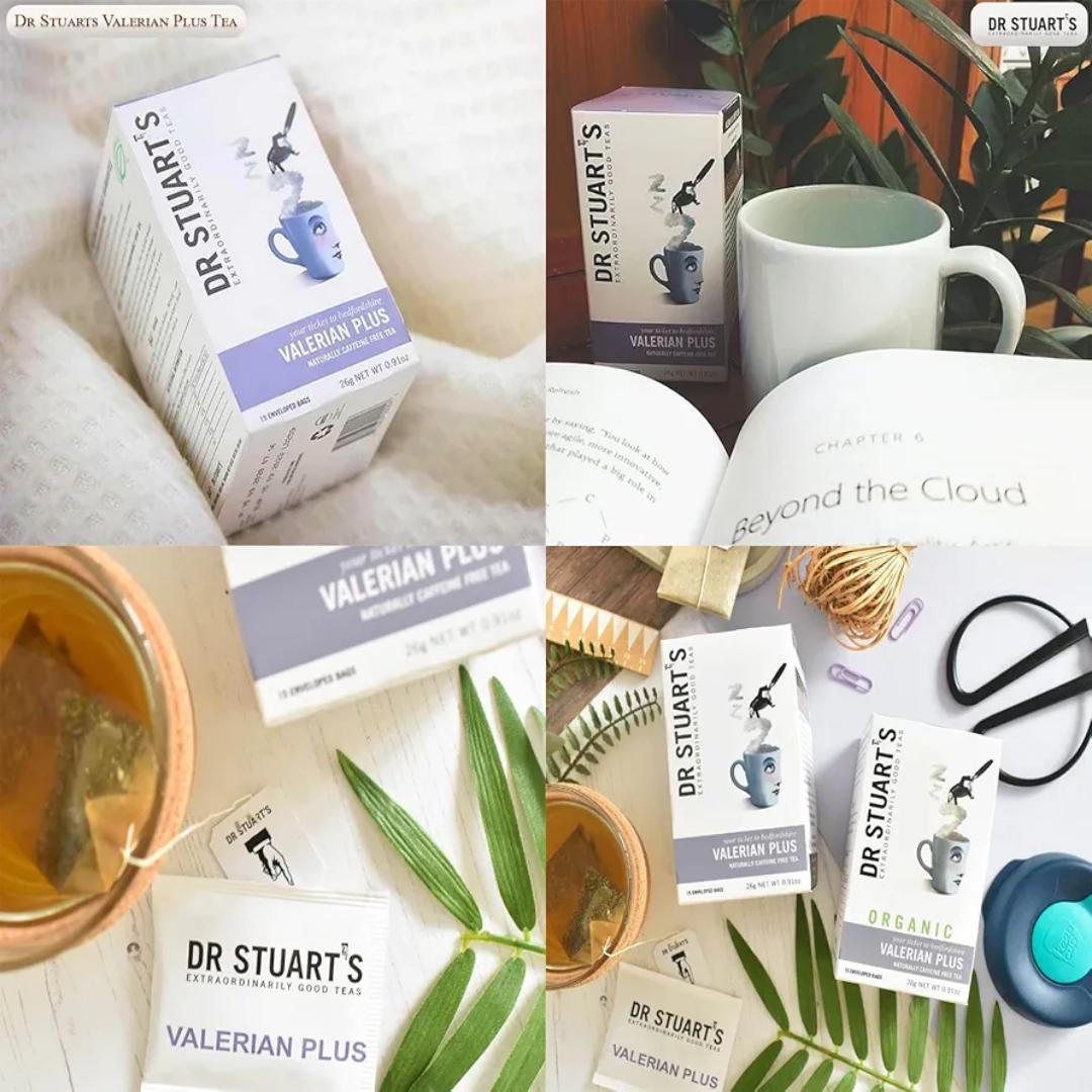 DR.STUARTS VALERIAN HERBAL TEA EXTRAORDINARILY GOOD TEAS YOUR TICKET TO BEDFORDSHIRE VALERIAN PLUS NATURALLY CAFFEINE FREE TEA 15 ENVELOPED BAGS NET.WEIGHT.0.91OZ(26 GRAMS)
