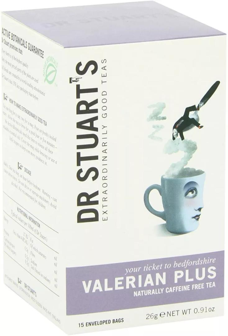DR.STUARTS VALERIAN HERBAL TEA EXTRAORDINARILY GOOD TEAS YOUR TICKET TO BEDFORDSHIRE VALERIAN PLUS NATURALLY CAFFEINE FREE TEA 15 ENVELOPED BAGS NET.WEIGHT.0.91OZ(26 GRAMS)