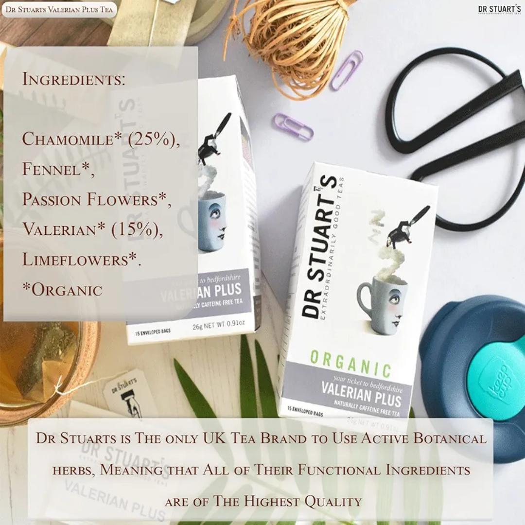 DR.STUARTS VALERIAN HERBAL TEA EXTRAORDINARILY GOOD TEAS YOUR TICKET TO BEDFORDSHIRE VALERIAN PLUS NATURALLY CAFFEINE FREE TEA 15 ENVELOPED BAGS NET.WEIGHT.0.91OZ(26 GRAMS)