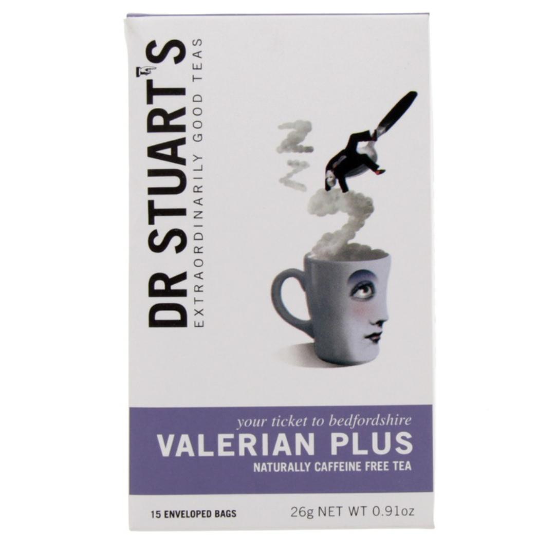 DR.STUARTS VALERIAN HERBAL TEA EXTRAORDINARILY GOOD TEAS YOUR TICKET TO BEDFORDSHIRE VALERIAN PLUS NATURALLY CAFFEINE FREE TEA 15 ENVELOPED BAGS NET.WEIGHT.0.91OZ(26 GRAMS)
