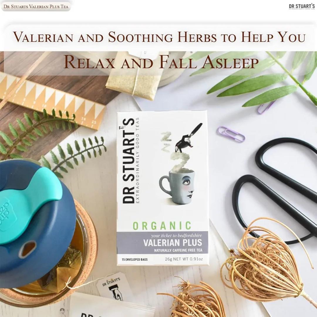 DR.STUARTS VALERIAN HERBAL TEA EXTRAORDINARILY GOOD TEAS YOUR TICKET TO BEDFORDSHIRE VALERIAN PLUS NATURALLY CAFFEINE FREE TEA 15 ENVELOPED BAGS NET.WEIGHT.0.91OZ(26 GRAMS)