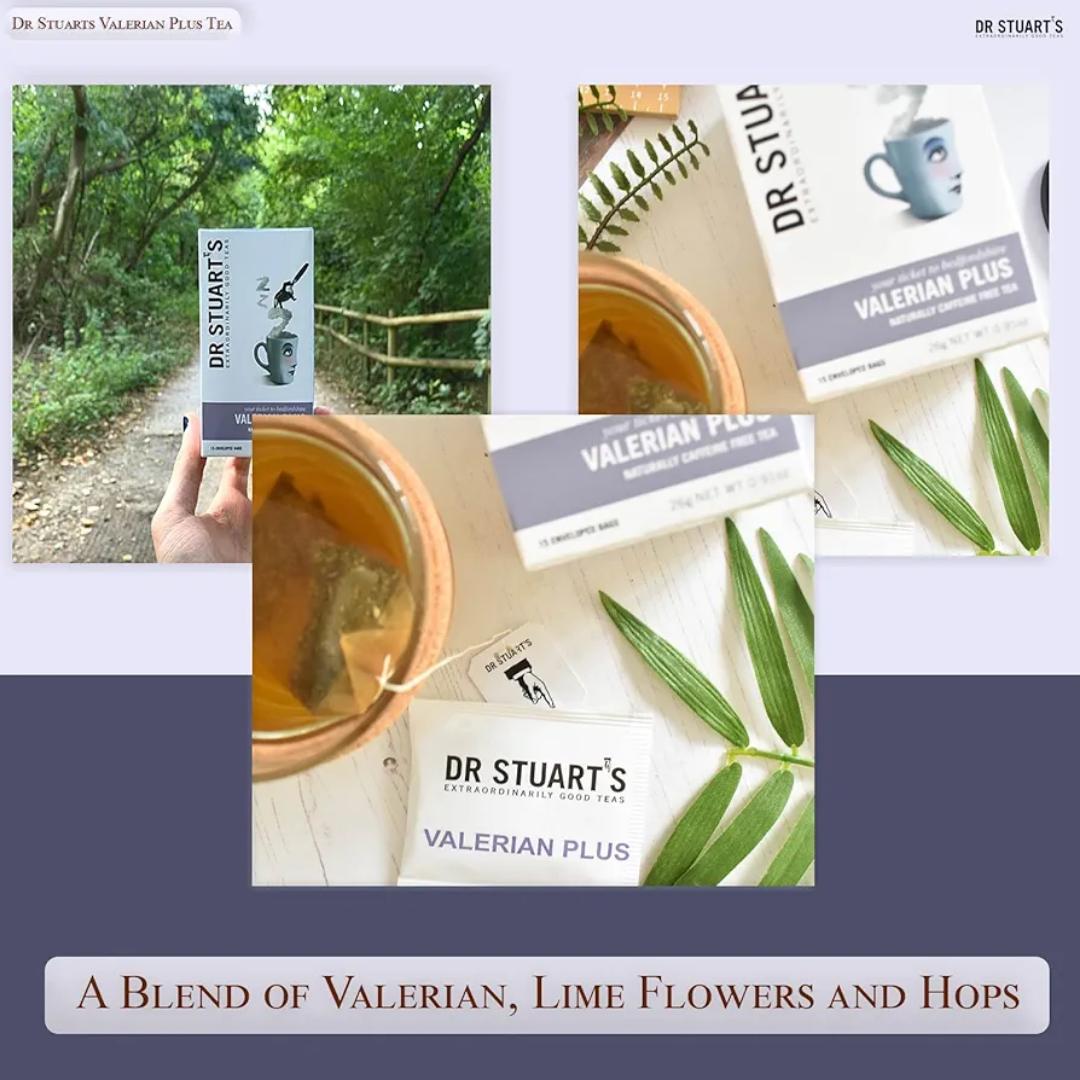 DR.STUARTS VALERIAN HERBAL TEA EXTRAORDINARILY GOOD TEAS YOUR TICKET TO BEDFORDSHIRE VALERIAN PLUS NATURALLY CAFFEINE FREE TEA 15 ENVELOPED BAGS NET.WEIGHT.0.91OZ(26 GRAMS)