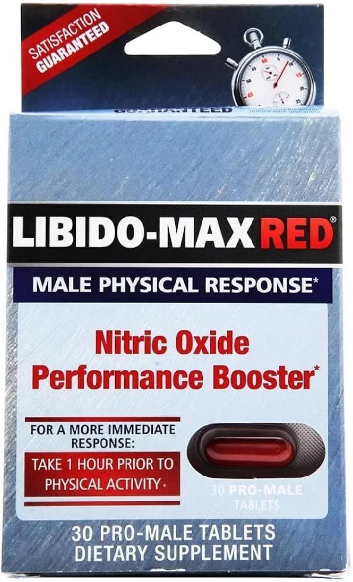 LIBIDO-MAX RED MALE PHYSICAL RESPONSE NITRIC OXIDE PERFORMANCE BOOSTER  FOR A MORE IMMEDIATE RESPONSE TAKE 1 HOUR PRIOR TO PHYSICAL ACTIVITY DIETARY SUPPLEMENT 30 PRO-MALE TABLETS