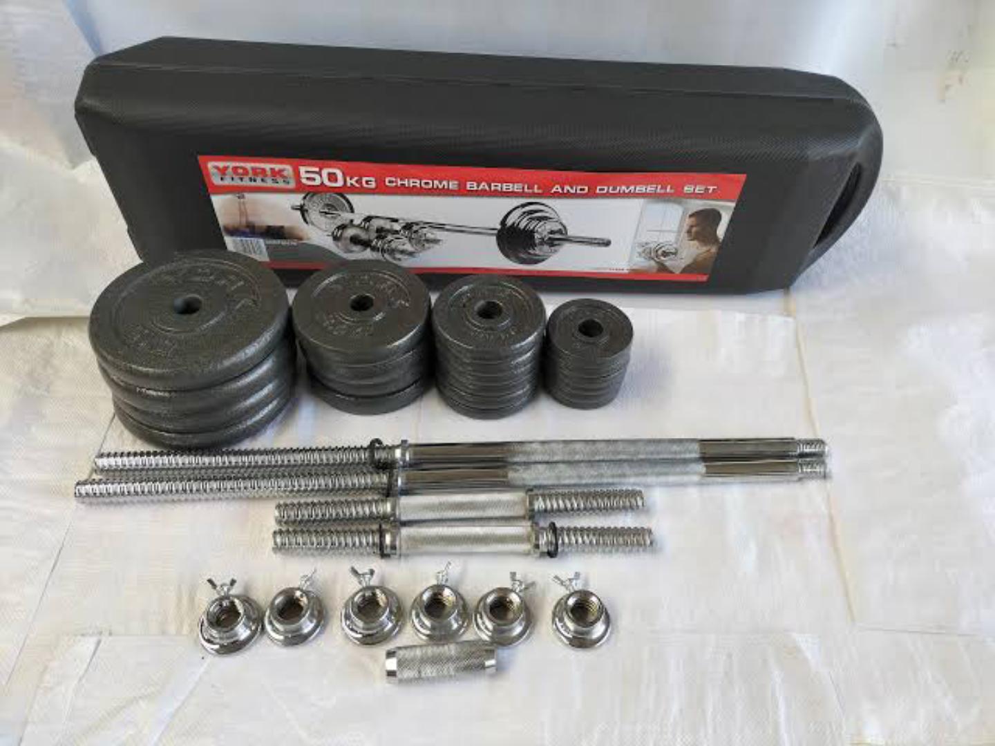 YORK CAST IRON 50KG SPINLOCK,BARBELL AND DUMBELL ADJUSTABLE  FITNESS SET INDOOORS & OUTDOORS PORTABLE WEIGHTLIFTING GYM SETS.