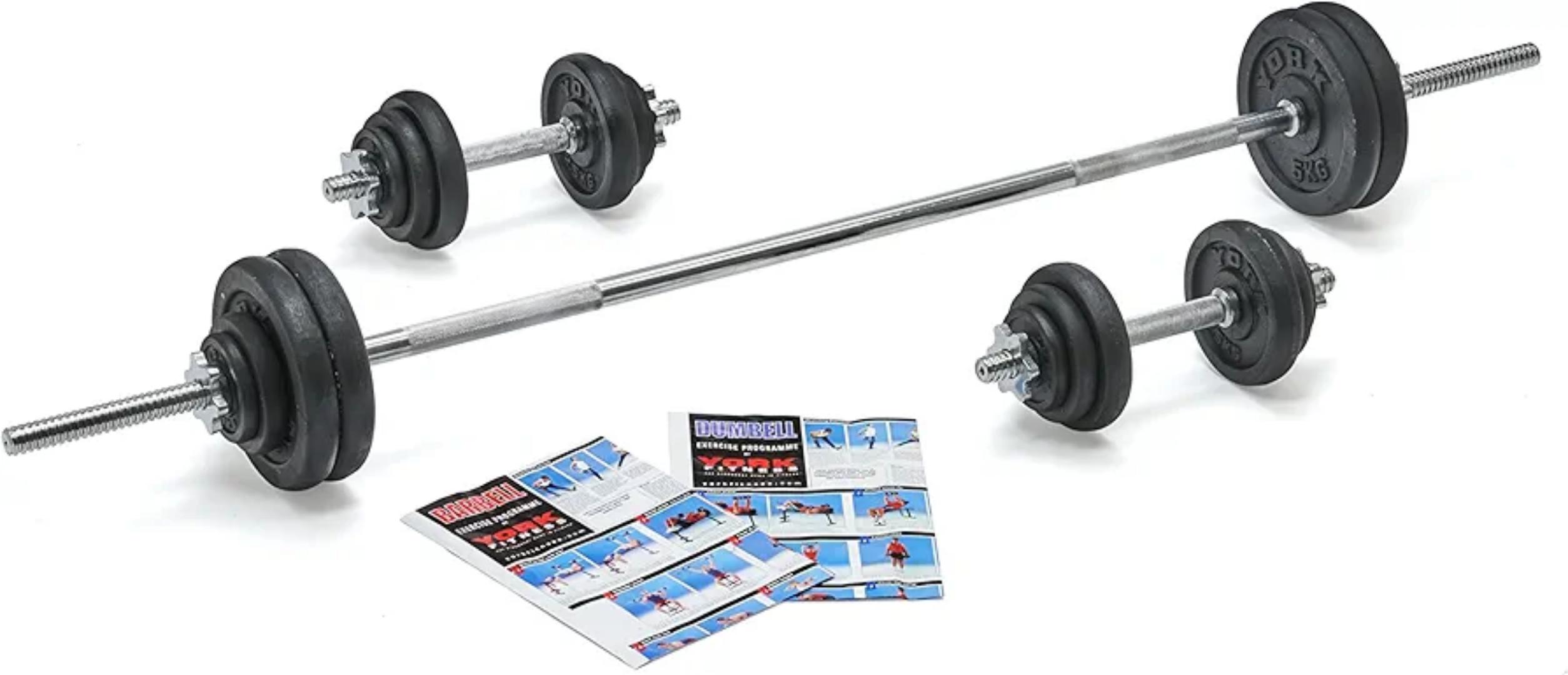 YORK CAST IRON 50KG SPINLOCK,BARBELL AND DUMBELL ADJUSTABLE  FITNESS SET INDOOORS & OUTDOORS PORTABLE WEIGHTLIFTING GYM SETS.