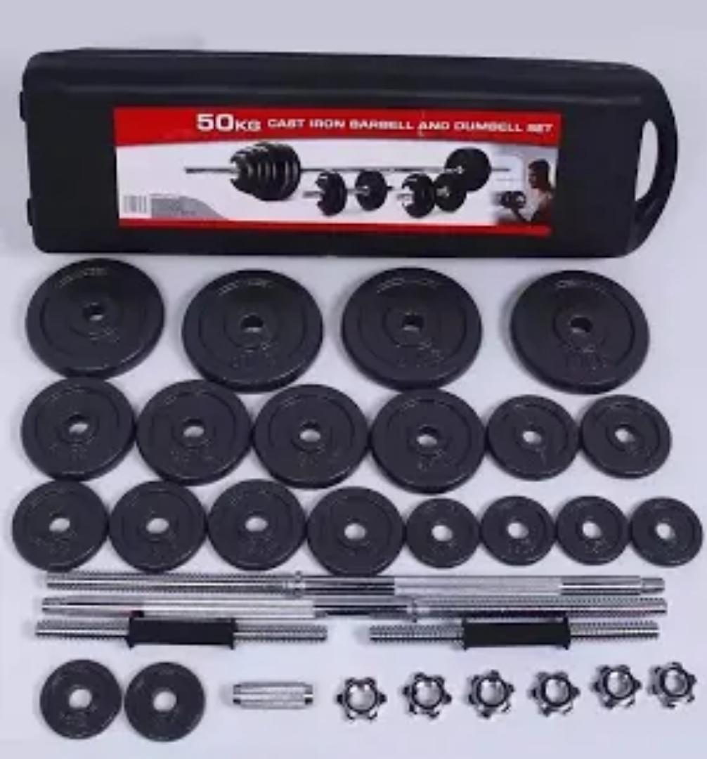 YORK CAST IRON 50KG SPINLOCK,BARBELL AND DUMBELL ADJUSTABLE  FITNESS SET INDOOORS & OUTDOORS PORTABLE WEIGHTLIFTING GYM SETS.