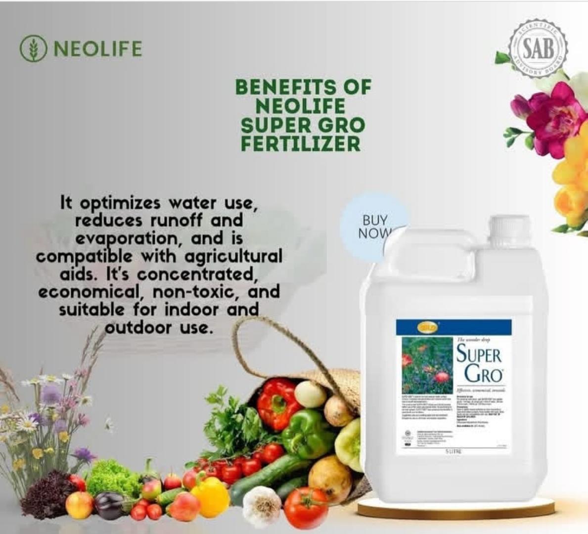 NEOLIFE GNLD SUPERGRO ADJUVANT/SURFACTANT COMMERCIAL AND AGRICULTURAL NONYL PHENOL ETHOXYLATE 20% WATER FERTILIZER MAXIMUM FARM YIELD ENHANCER CROPS & FISH CROPS BOOSTER NET CONTENT:5L/1L