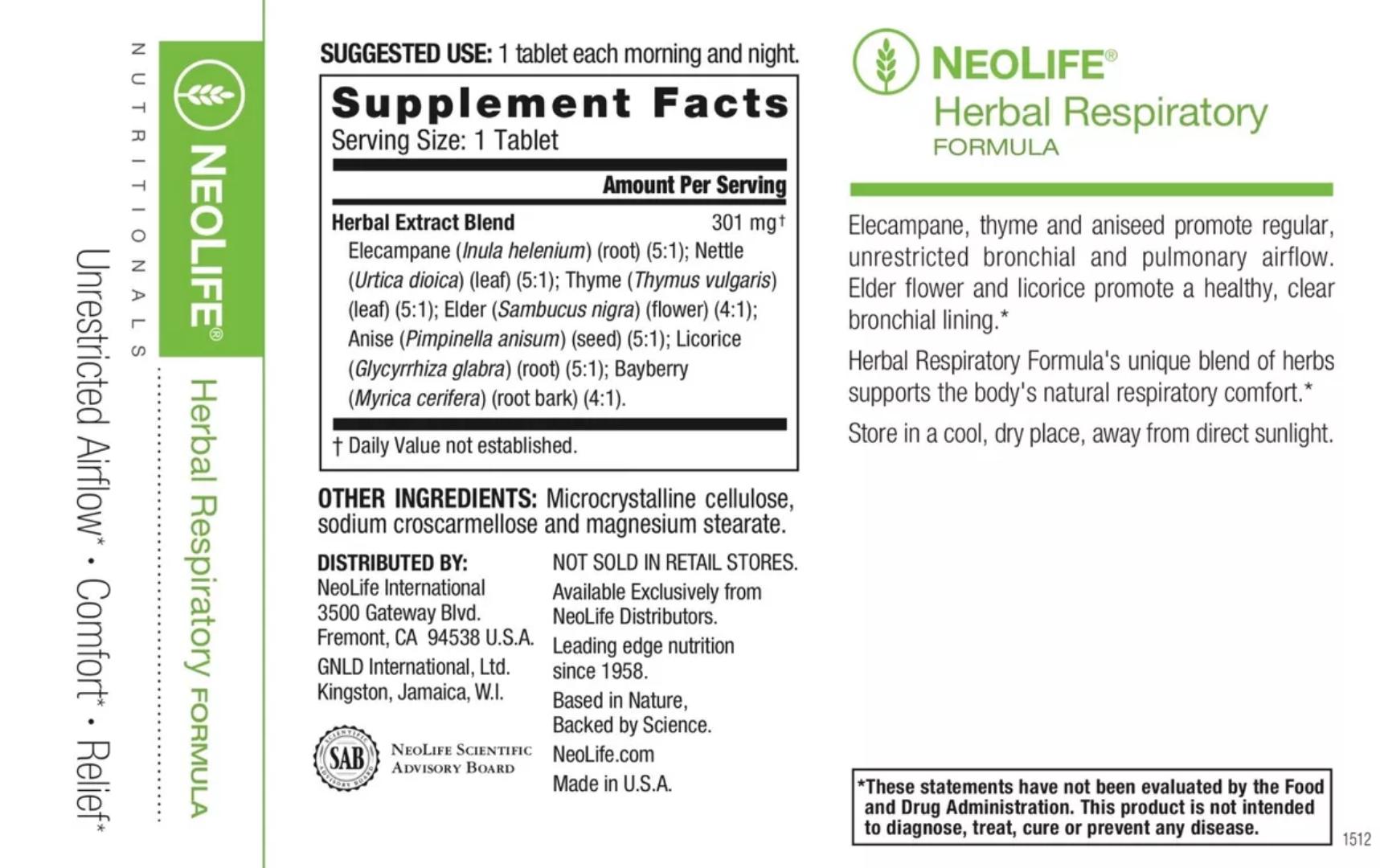 NEOLIFE GNLD NUTRITIONALS HERBAL RESPIRATORY FORMULA  FACILITATES RESPIRATORY COMFORT HELPS PREVENT MILD UPPER RESPIRATORY COMPLAINTS 60 TABLETS