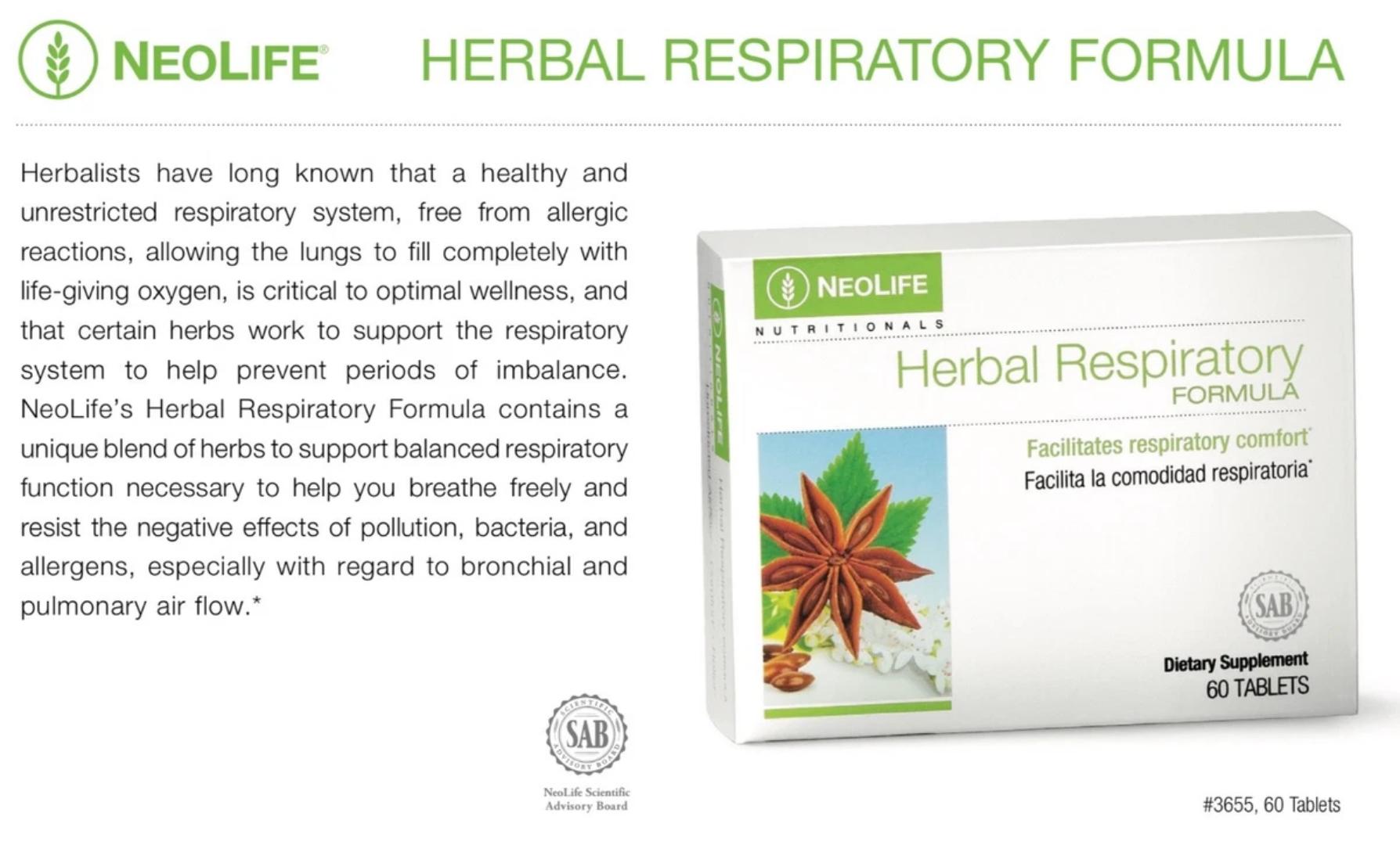 NEOLIFE GNLD NUTRITIONALS HERBAL RESPIRATORY FORMULA  FACILITATES RESPIRATORY COMFORT HELPS PREVENT MILD UPPER RESPIRATORY COMPLAINTS 60 TABLETS