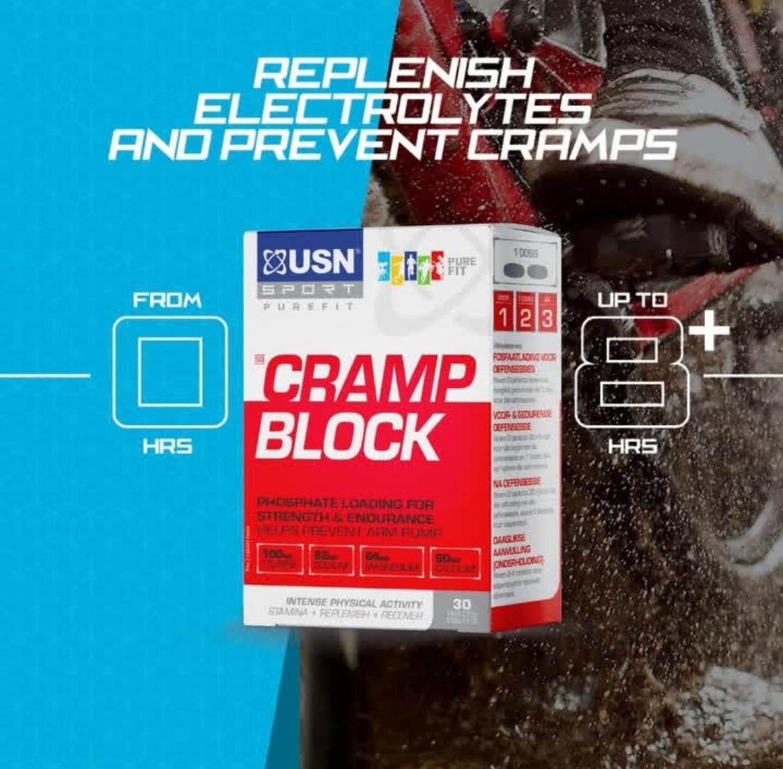 USN SPORT PUREFIT CRAMP BLOCK TABLETS PHOSPHATE LOADING FOR STRENGTH AND ENDURANCE HELPS PREVENT ARM PUMP INTENSE PHYSICAL ACTIVITY STAMINA + REPLENISH + RECOVER 30 TABLETS