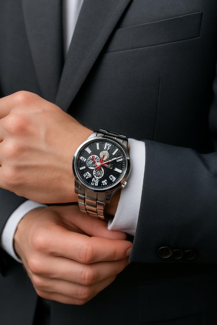 Stylish Men’s Analog Chronograph Watch +free gift box– Silver Stainless Steel+free gift box