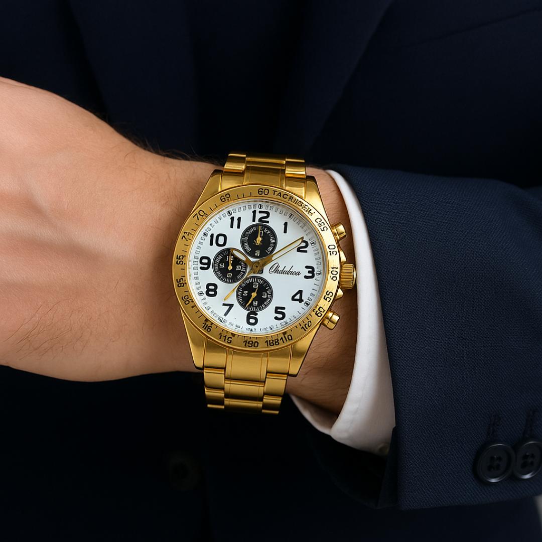 Luxury Gold Men's Wrist Watch – Classic Analog Design with Chronograph Accents