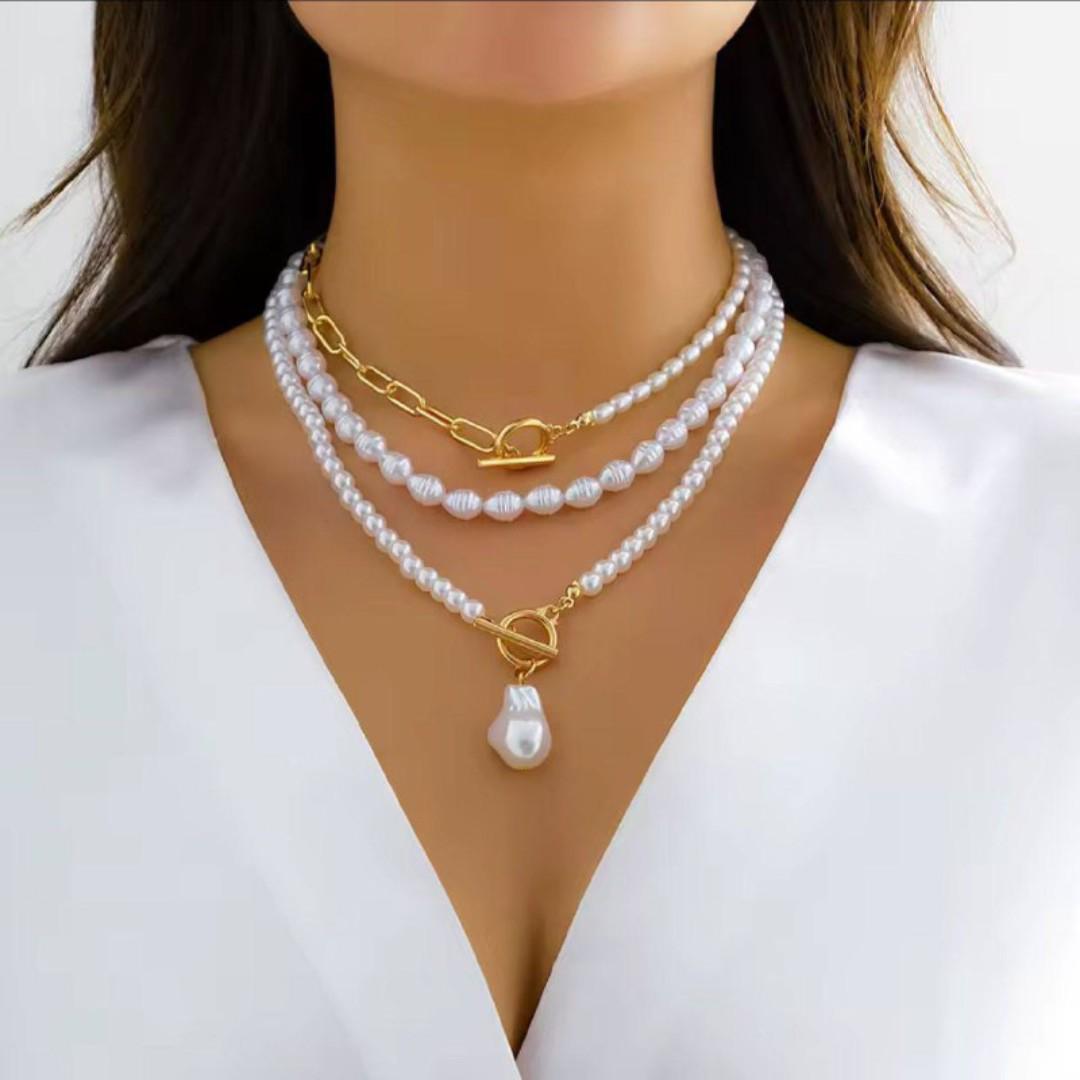 Elegant Multilayered Pearl Necklace for Women – Layered Gold Chain & Pearl Choker Jewelry for Party, Wedding & Daily Fashion
