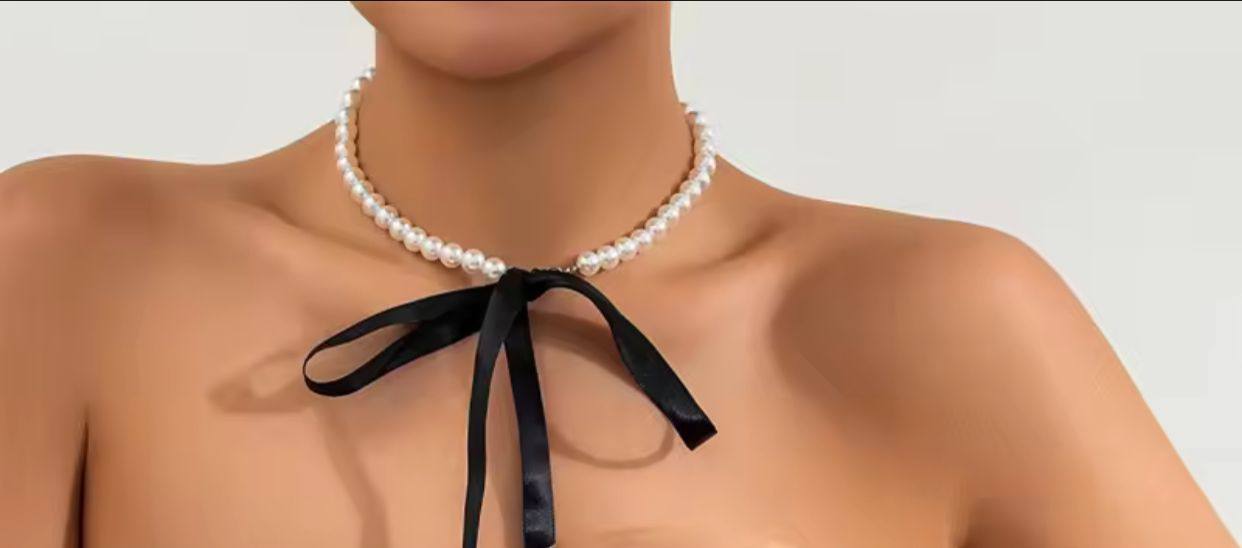 Elegant Pearl Necklace with Silk Ribbon Choker - Classic Women's Jewelry Gift for Wedding & Formal Events