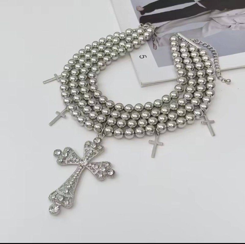 Women's Fashion 4-Layer Big Rhinestone Cross Pendant Necklace | Gold & Silver Plated Layered Chain | Elegant Church Cross Jewelry Gift for Her