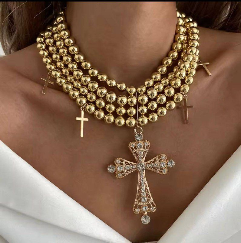 Women's Fashion 4-Layer Big Rhinestone Cross Pendant Necklace | Gold & Silver Plated Layered Chain | Elegant Church Cross Jewelry Gift for Her