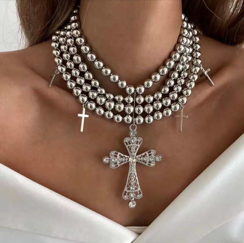 Women's Fashion 4-Layer Big Rhinestone Cross Pendant Necklace | Gold & Silver Plated Layered Chain | Elegant Church Cross Jewelry Gift for Her