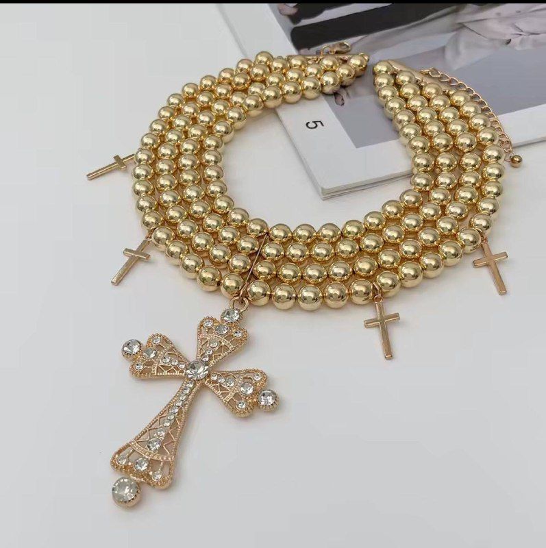 Women's Fashion 4-Layer Big Rhinestone Cross Pendant Necklace | Gold & Silver Plated Layered Chain | Elegant Church Cross Jewelry Gift for Her