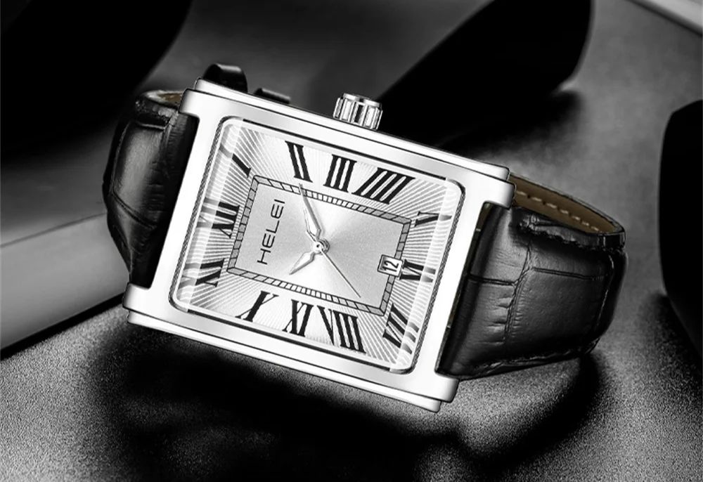 HELEI Men's Classic Watch - Genuine Leather Strap, Date Display, Water Resistant, Battery Powered