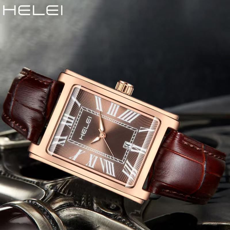 HELEI Men's Classic Watch - Genuine Leather Strap, Date Display, Water Resistant, Battery Powered
