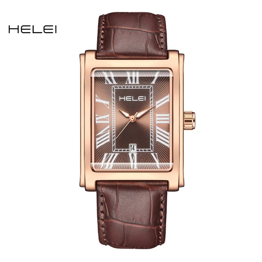HELEI Men's Classic Watch - Genuine Leather Strap, Date Display, Water Resistant, Battery Powered
