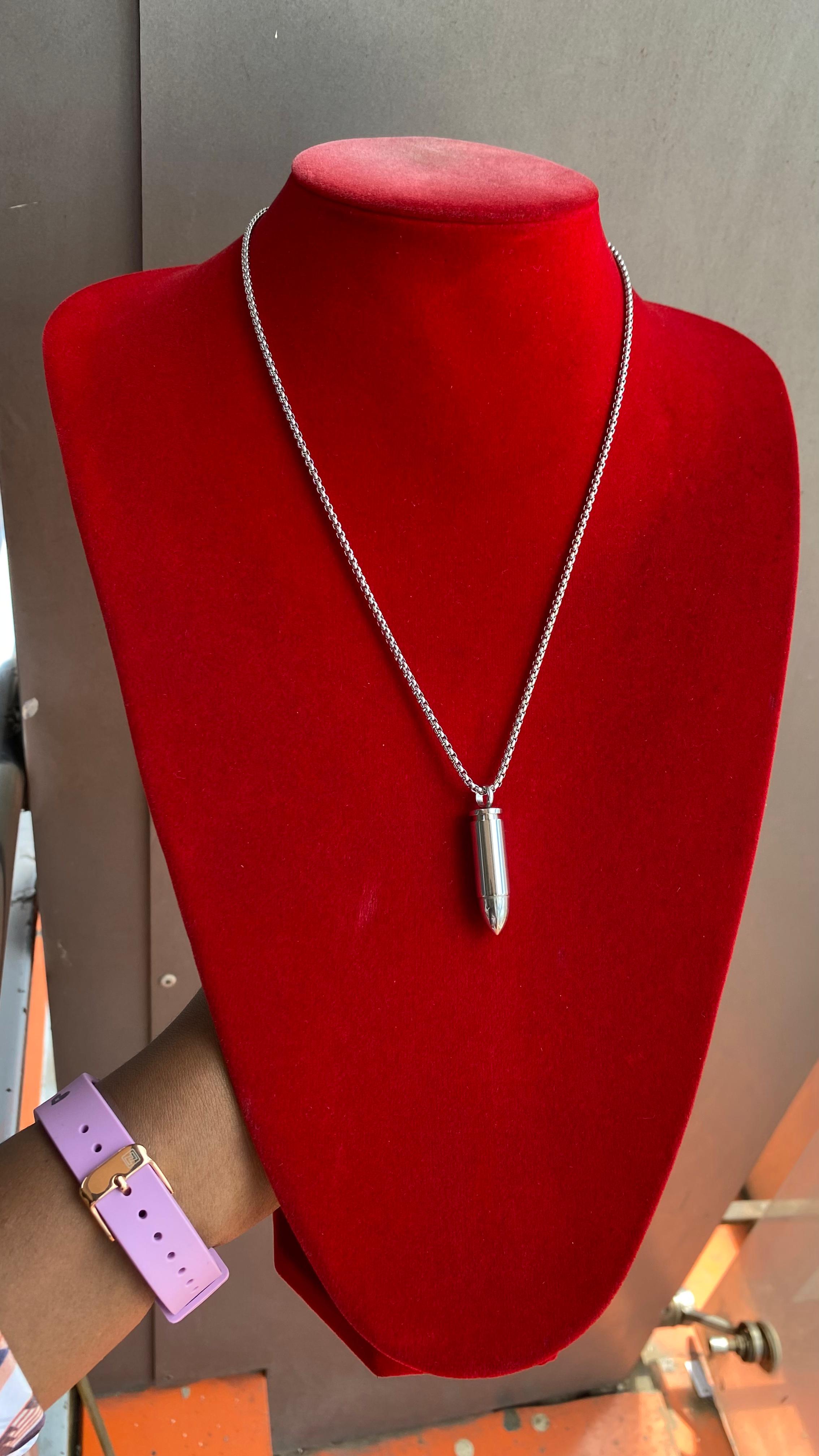 Men’s Stainless Steel Bullet Pendant Necklace – Trendy Silver Chain for Men | Tarnish-Free Fashion Jewelry | Stylish Streetwear Necklace Gift for Men