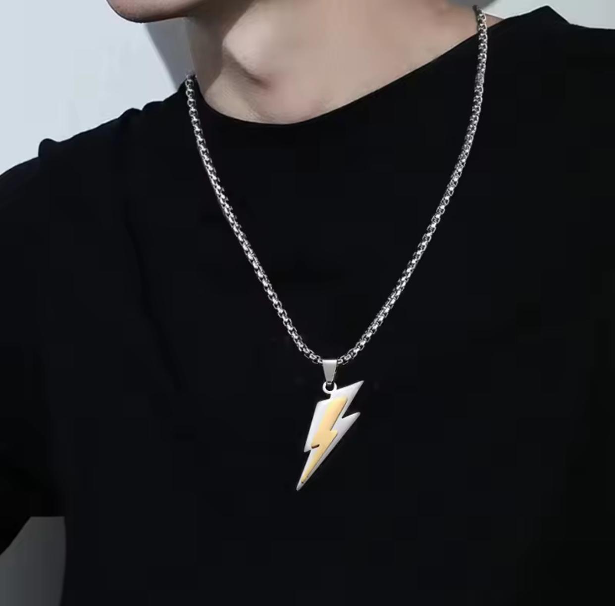 Men’s Stainless Steel Lightning Bolt Pendant Necklace – Silver Fashion Chain for Men | Fade & Tarnish Resistant Street Style Jewelry | Trendy Gift Necklace