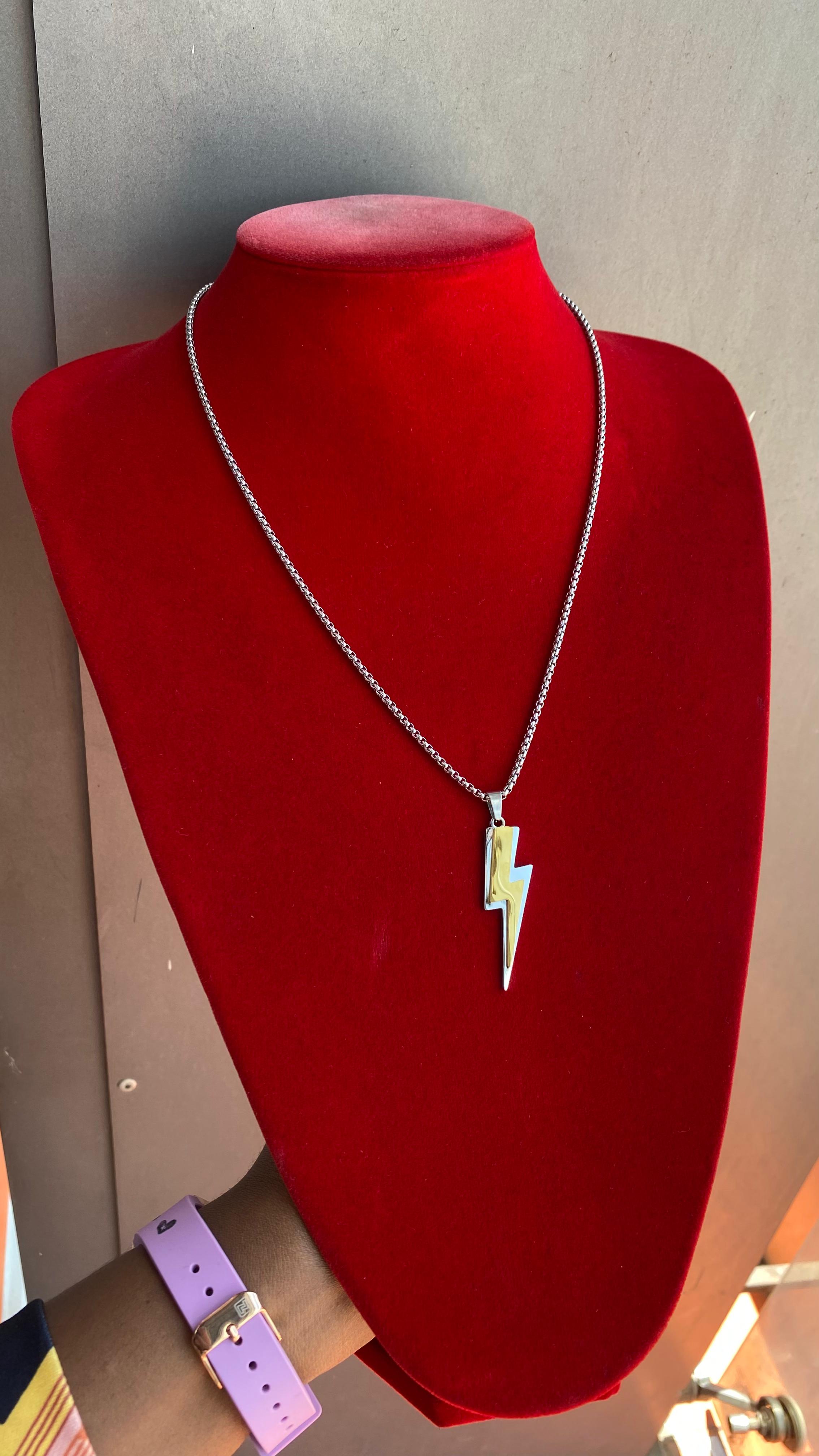 Men’s Stainless Steel Lightning Bolt Pendant Necklace – Silver Fashion Chain for Men | Fade & Tarnish Resistant Street Style Jewelry | Trendy Gift Necklace
