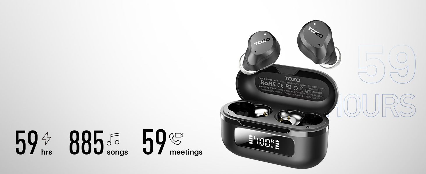 TOZO Hybrid Active Noise Cancelling Wireless Earbuds, 6 Mics ENC Clear Call, IPX8 Waterproof, in Ear Bluetooth 5.3 Headphones Stereo Bass Ear Buds 59H Playtime with LED Display