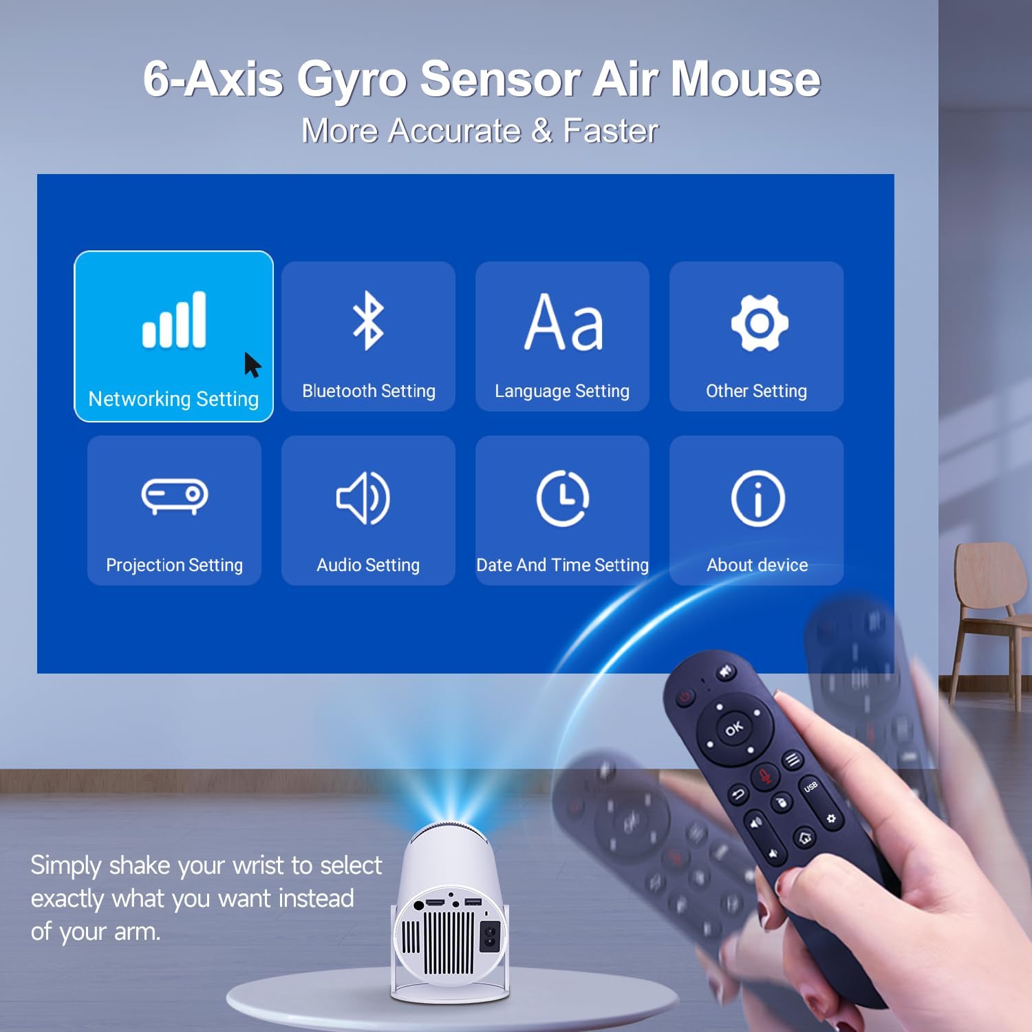 HY300PRO Mini Projector with WiFi and Bluetooth, 4K Support Smart Portable Projector Auto Keystone , Air Mouse Remote, Voice Control, 180 Degree Rotation, Home Video Proyector