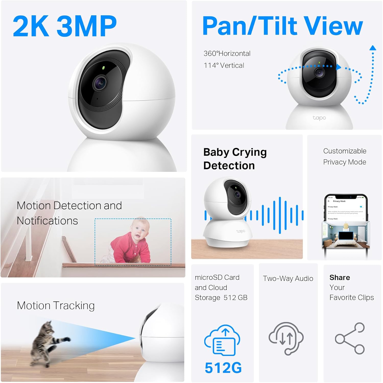 TP-Link Tapo 2K Pan/Tilt Security Camera for Baby Monitor, Dog Camera w/Motion Detection, 2-Way Audio, Siren, Night Vision, Cloud & SD Card Storage.