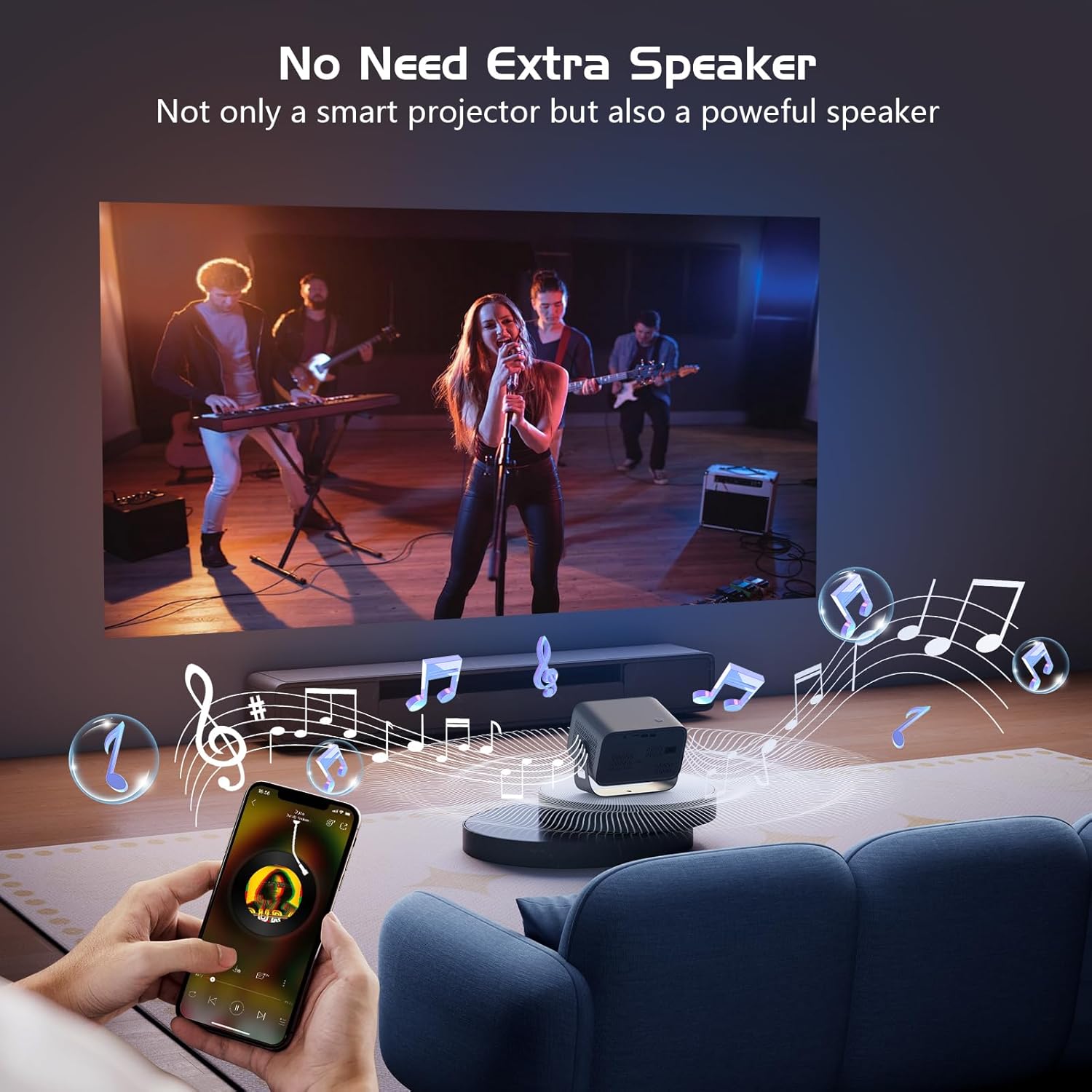 4K Projector with WiFi and Bluetooth, 360° Rotating Movie Projector, Portable Projector with 200 ANSI, Outdoor Projector for Phone/PC/TV Stick/DVD/USB/HDMI