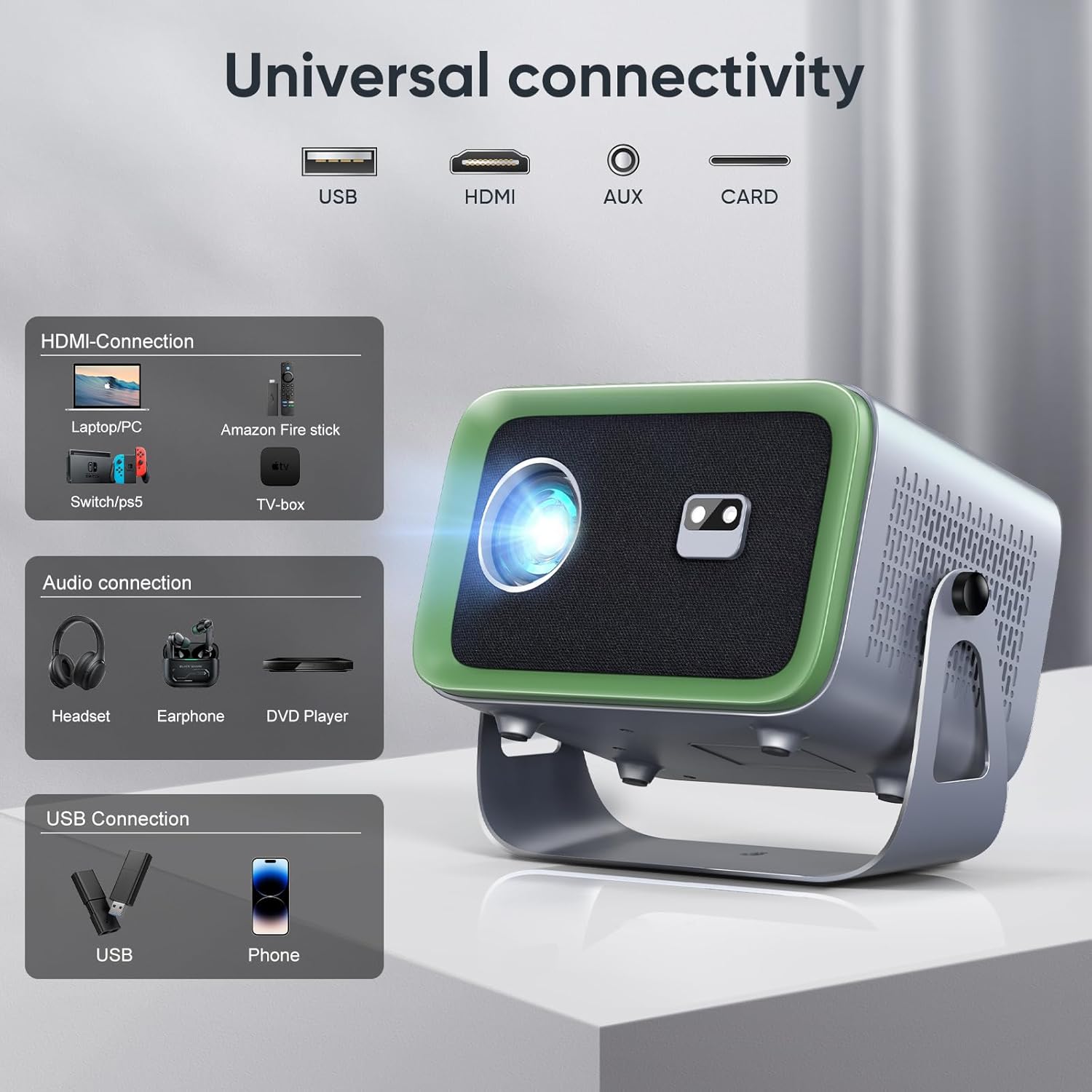 4K Projector with WiFi and Bluetooth, 360° Rotating Movie Projector, Portable Projector with 200 ANSI, Outdoor Projector for Phone/PC/TV Stick/DVD/USB/HDMI