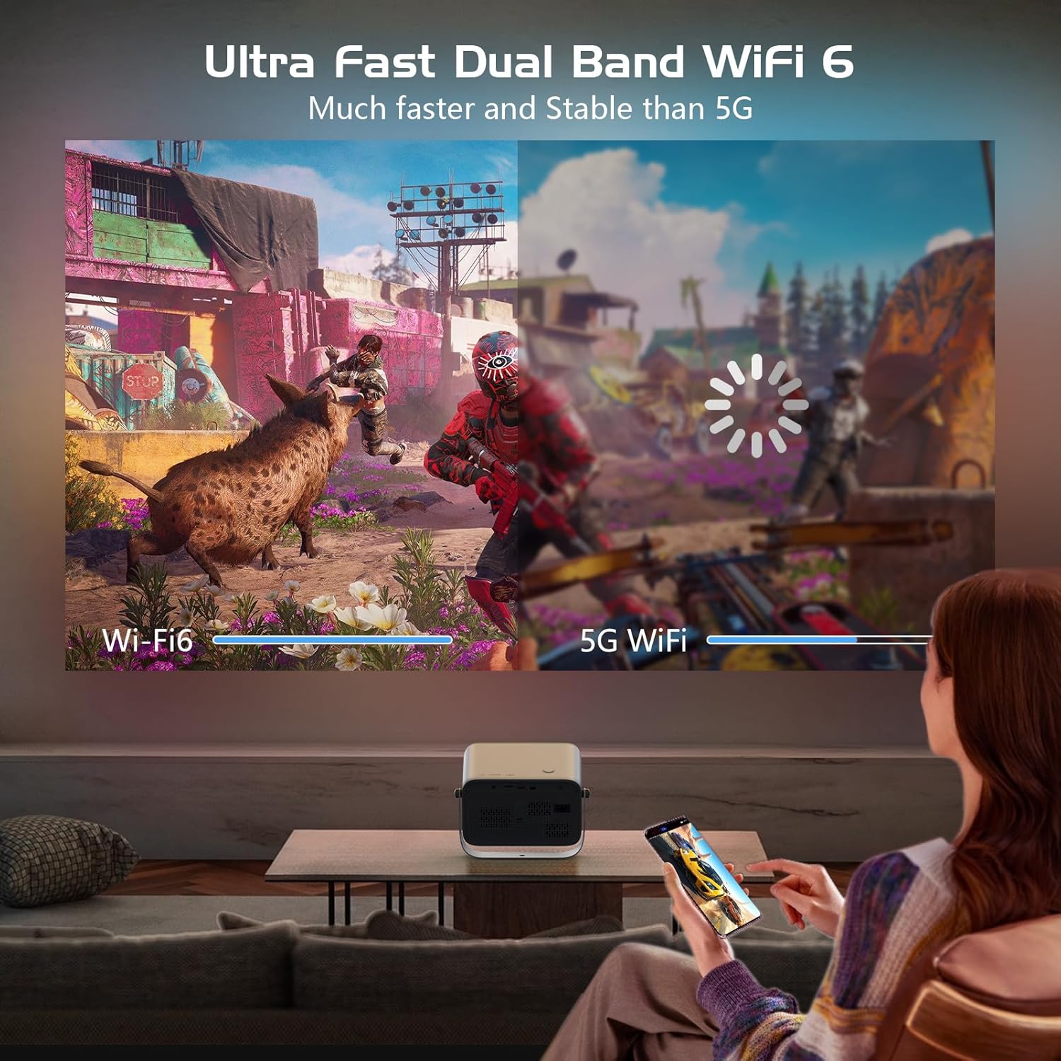 4K Projector with WiFi and Bluetooth, 360° Rotating Movie Projector, Portable Projector with 200 ANSI, Outdoor Projector for Phone/PC/TV Stick/DVD/USB/HDMI