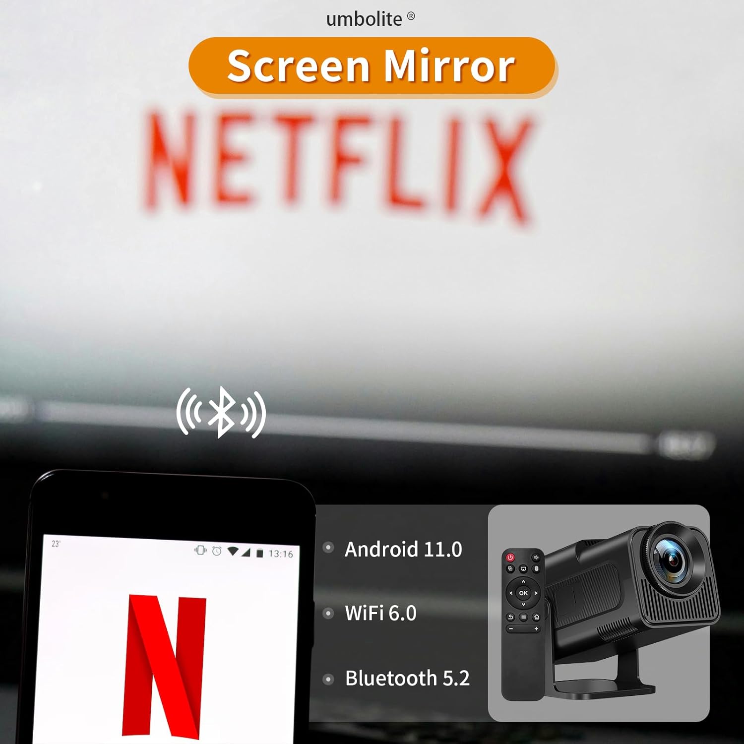 Mini Projector with WiFi and Bluetooth 150-Inch Portable Outdoor Projector 1080P 4K Support WiFi 6 Auto Keystone Smart Movie TV Projector for Bedroom