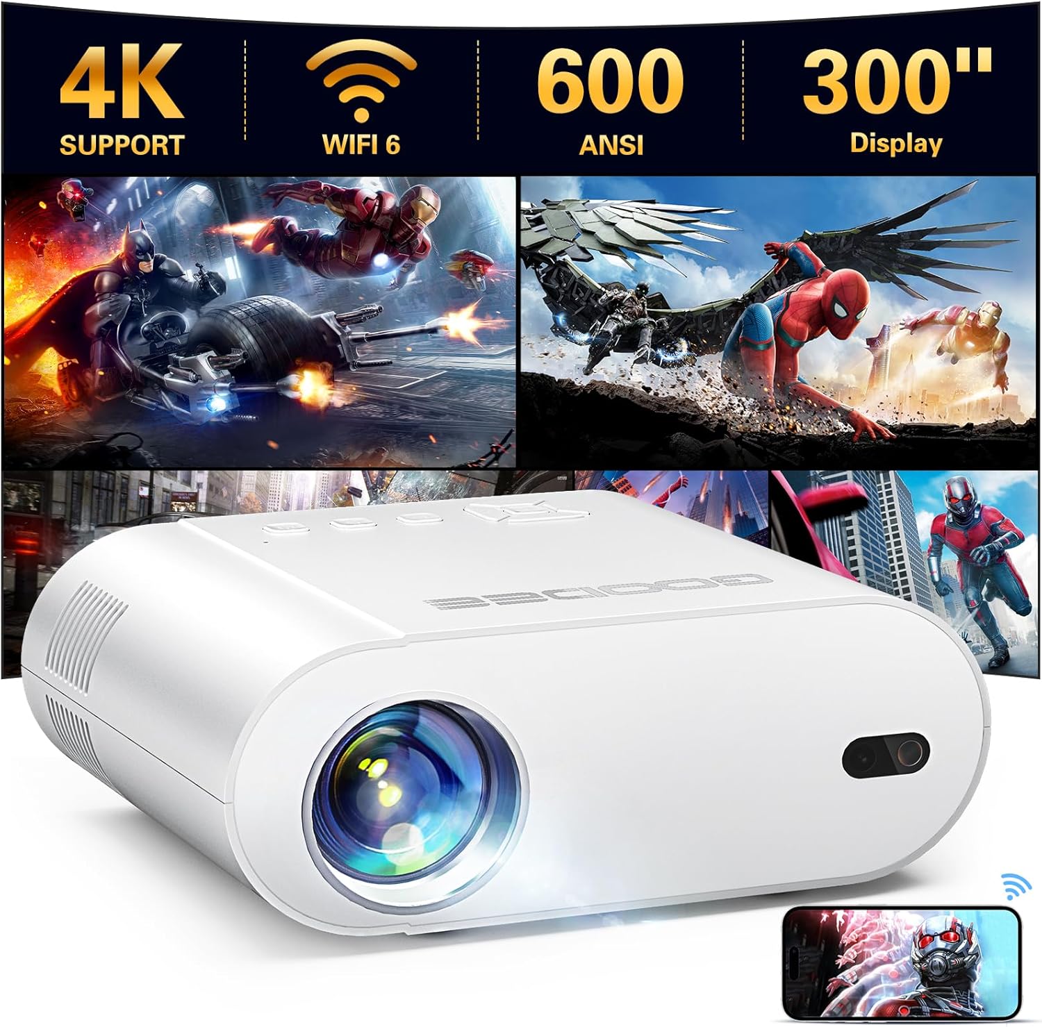 4K Mini Projector with WiFi and Bluetooth, Auto Keystone & Electric Focus, 600 ANSI Native 1080P Portable Movie Projector for Phone/Laptop/TV Stick/PS5/PPT