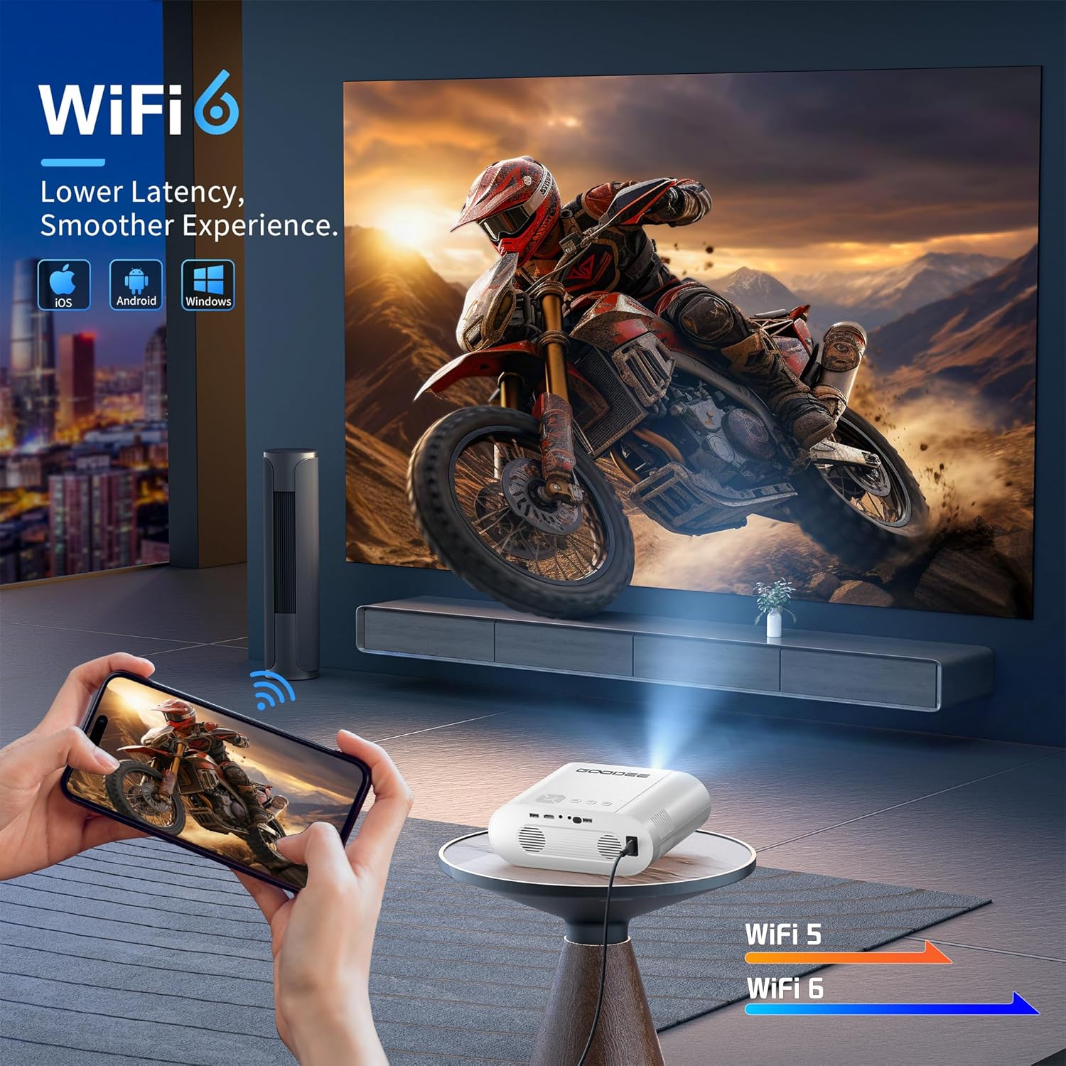 4K Mini Projector with WiFi and Bluetooth, Auto Keystone & Electric Focus, 600 ANSI Native 1080P Portable Movie Projector for Phone/Laptop/TV Stick/PS5/PPT