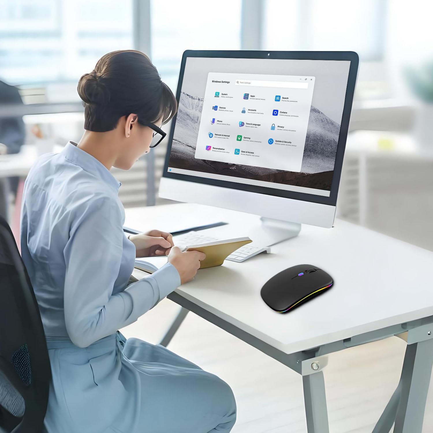 Wireless Bluetooth Mouse, Rechargeable Bluetooth and 2.4G Wireless Silent Mouse with RGB Light for Laptop/Desktop/Tablet-Black