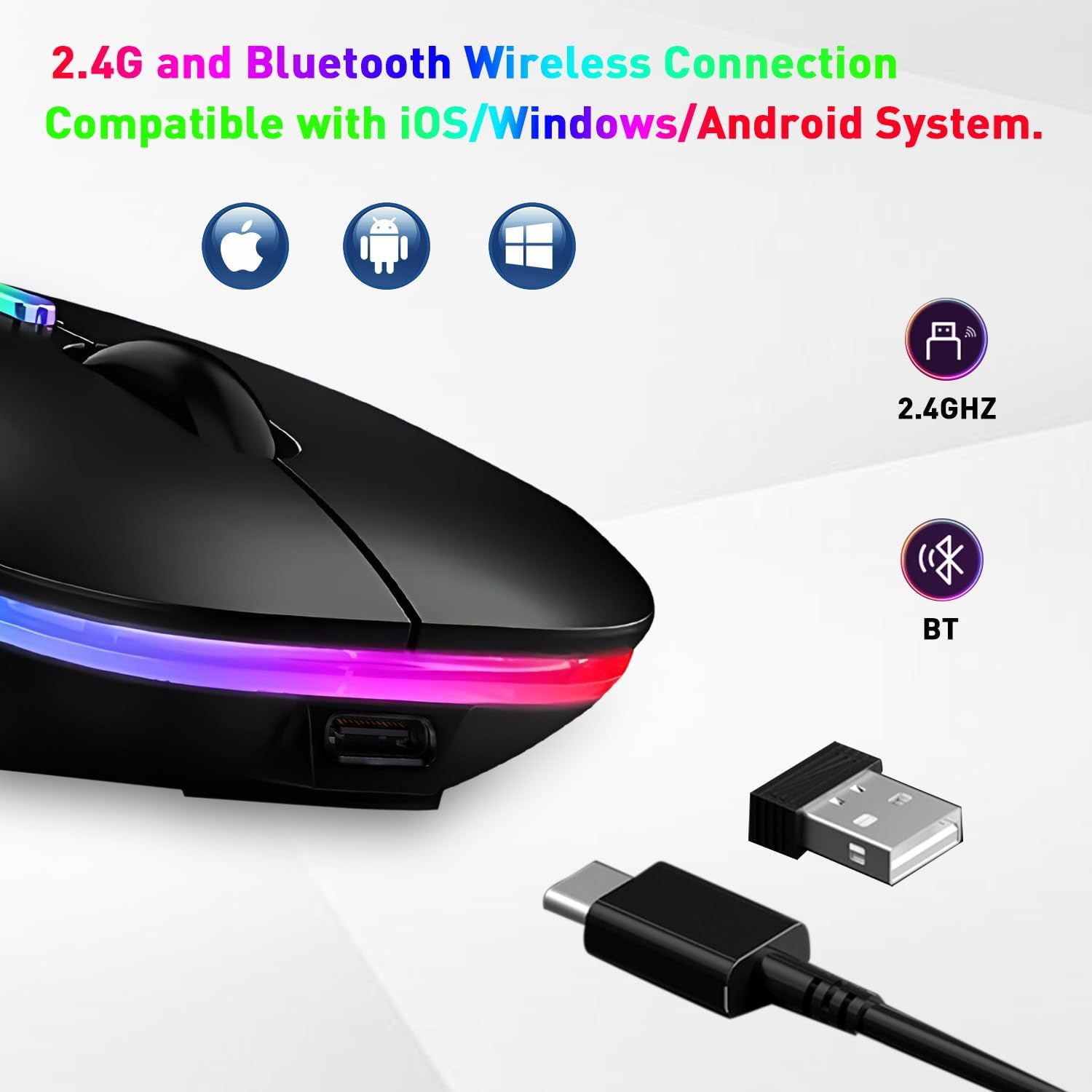 Wireless Bluetooth Mouse, Rechargeable Bluetooth and 2.4G Wireless Silent Mouse with RGB Light for Laptop/Desktop/Tablet-Black
