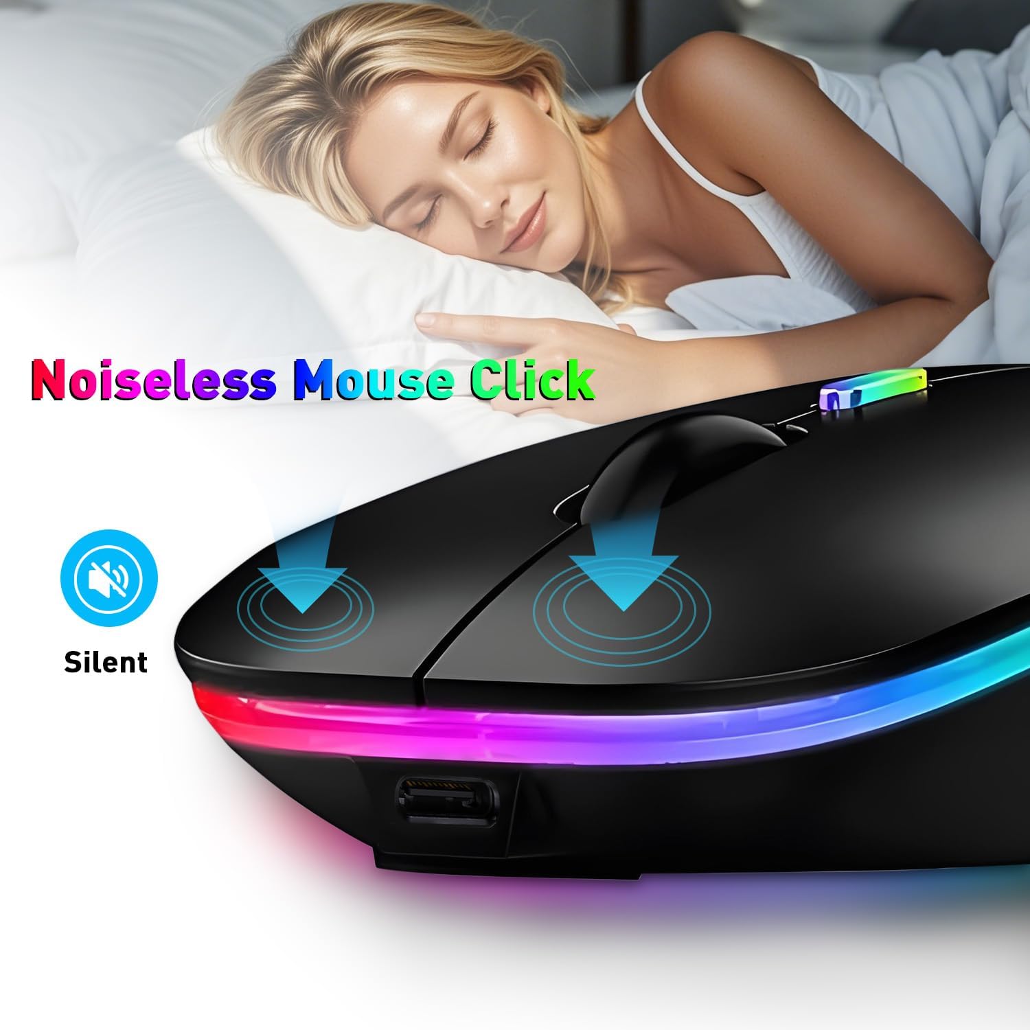 Wireless Bluetooth Mouse, Rechargeable Bluetooth and 2.4G Wireless Silent Mouse with RGB Light for Laptop/Desktop/Tablet-Black
