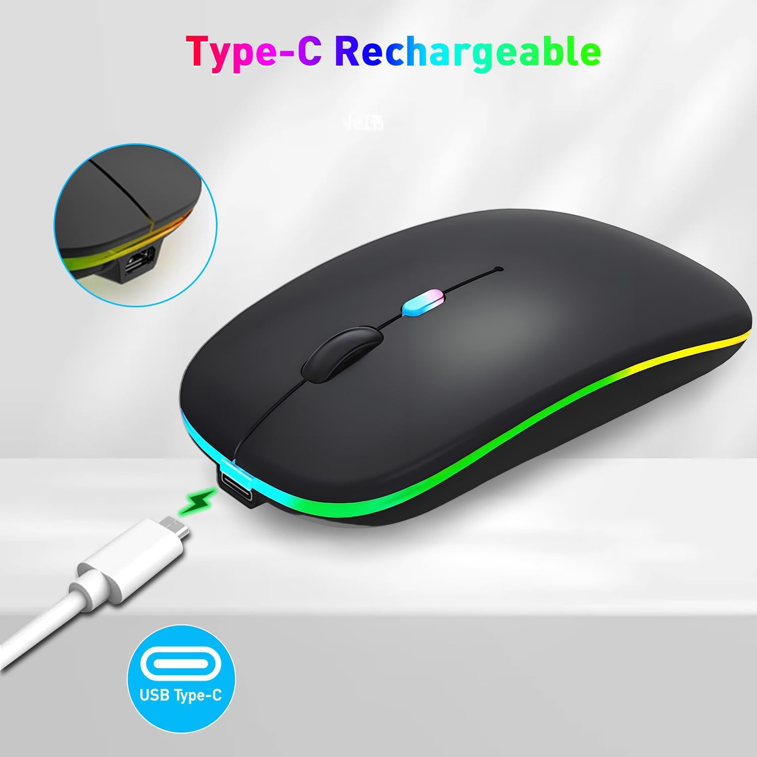 Wireless Bluetooth Mouse, Rechargeable Bluetooth and 2.4G Wireless Silent Mouse with RGB Light for Laptop/Desktop/Tablet-Black