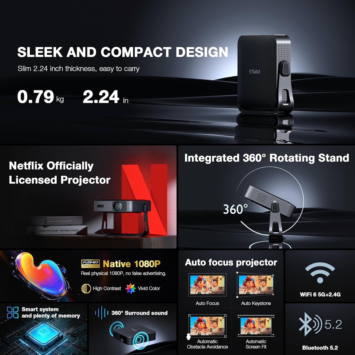 【360°Adjustable Stand & Auto Focus/Keystone】Mini Projector with WiFi and Bluetooth, Native 1080P Portable Outdoor Movie Projector, VOPLLS Home Projector 4K Support for HDMI/USB/AV/Phone/Laptop