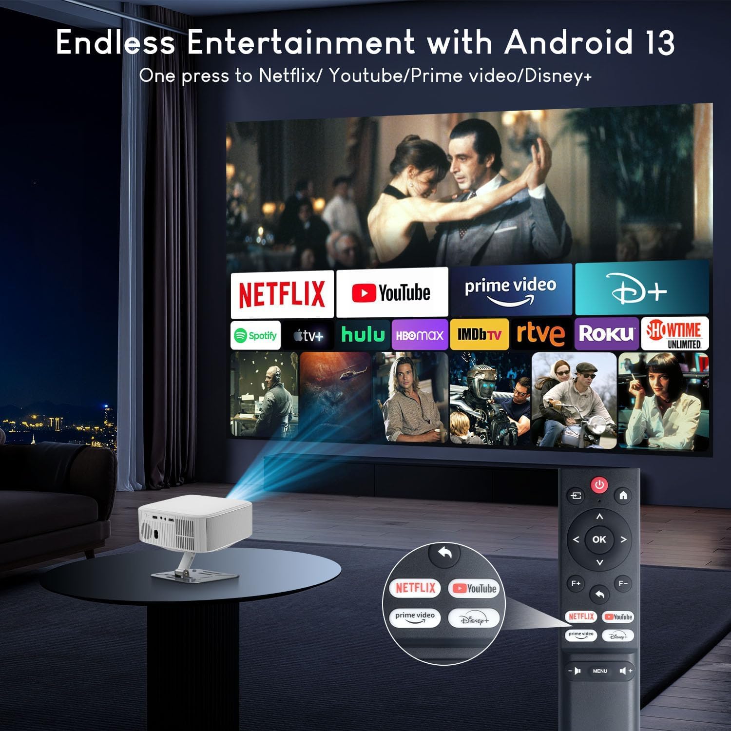 Projector with Wifi Bluetooth 4K, Auto Keystone/Electric Focus, Smart Android 13 NTV, 400 ANSI Lumen, 1080P Native Outdoor Movie Projector, Mini Portable, Built-in Apps (2025)